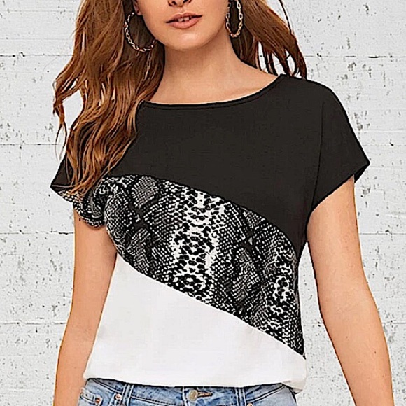 SNAKESKIN SHORT SLEEVE COLOR BLOCK PUNK BLOUSE TEE SHIRT - Picture 2 of 7